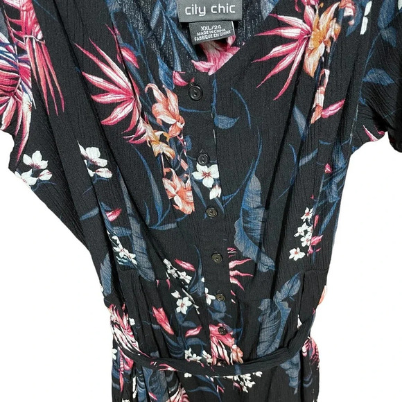 City Chic Black Floral Palm‎ Button Front Off the Shoulder Romper Plus Size 24 - Picture 5 of 11
